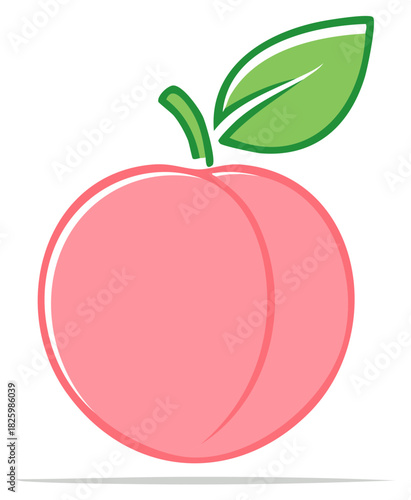 Stylized pink peach with green leaf, outline drawing, fruit illustration, clean vector icon