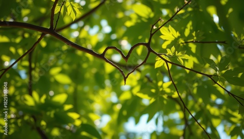 A close-up view of a heart-shaped branch surrounded by vibrant green leaves, symbolizing love and nature.