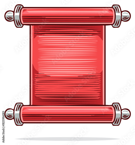 Red scroll with silver details, isolated cartoon illustration, parchment for message.