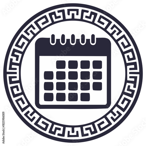 Classic Greek key pattern circle enclosing a calendar symbol