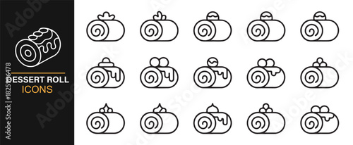 Modern linear bakery icons for cakes, sweets, and rolled desserts