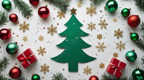 Christmas Tree Flat Lay with Red & Green Ornaments, Gifts, and Gold Snowflakes on White Background.