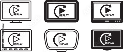 Replay icon set on various screen displays, outlining video playback functionality and digital media interface for user experience design. Vector