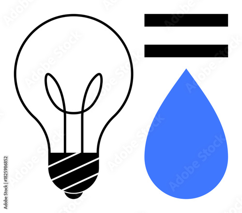 Light bulb paired with equation lines and water drop in blue, symbolizing energy efficiency, renewable resources, environmental sustainability, innovation, green technology, conservation, and clean
