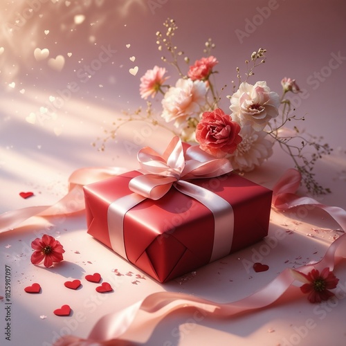Romantic Red Gift Box with Pink Ribbon, Flowers, and Hearts for Valentine's Day.