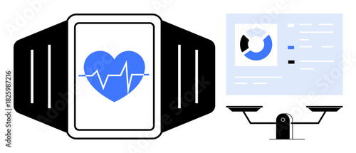 Fitness tracker displaying heart rate data, analytics dashboard with charts, and smart scale. Ideal for health, fitness, wearable tech, monitoring, wellness apps, biometrics simple flat metaphor