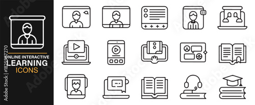 Line-style online learning icons with virtual classes, videos, and digital tools