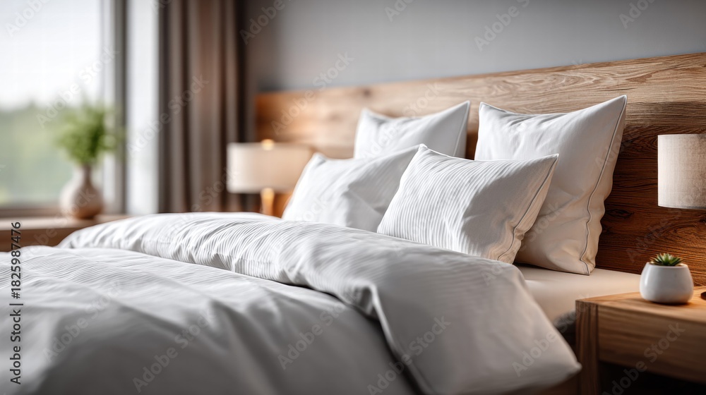 Obraz premium Cozy bedroom interior with a comfortable bed and soft white bedding.