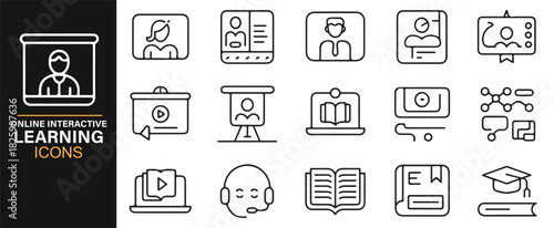 Minimal outline symbols representing digital classrooms and study materials