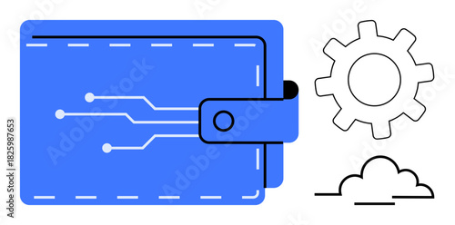 Blue wallet with circuit design, gear icon, and minimalistic cloud indicating digital finance, technology, innovation. Ideal for fintech, blockchain, online banking, connectivity cloud computing