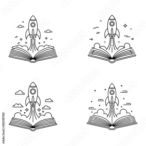 Four stylized rocket ship illustrations launching from open books creating a sense of learning and exploration rocket, spaceship, launch, takeoff, space, galaxy, stars, cosmos, universe, exploration