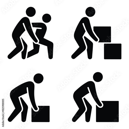 Four pictogram illustrations showing safe and unsafe manual handling techniques for lifting boxes lifting, box, manual handling, ergonomics, safety, health, work, warehouse, logistics, carrying, movin