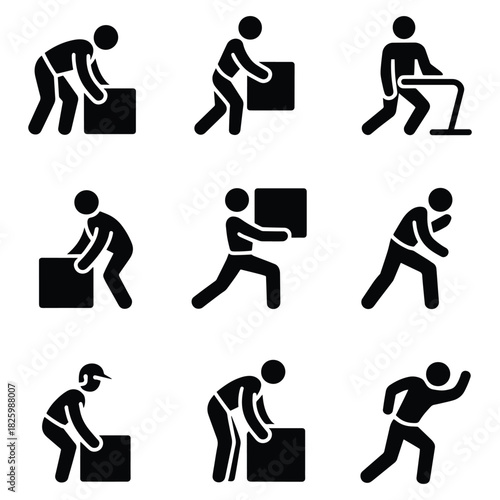 Collection of pictograms illustrating proper and improper lifting techniques for heavy objects lifting, heavy, object, box, weight, carrying, moving, ergonomics, posture, technique, safety, injury