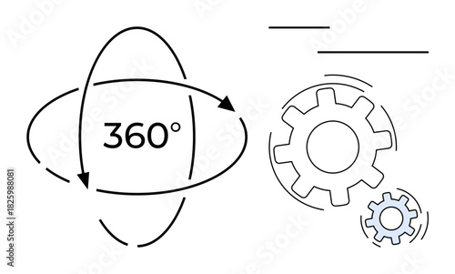 Rotational arrows around 360 symbol with interlocking gears. Ideal for innovation, process improvement, analytics, technology, automation, optimization, continuous development. Simple flat metaphor
