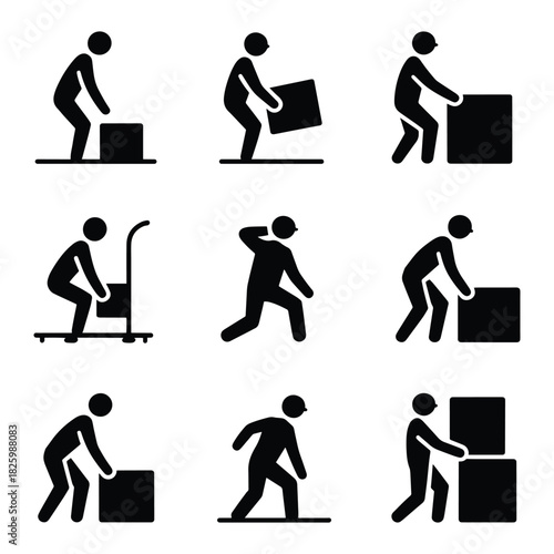 Collection of pictogram icons illustrating safe and unsafe manual handling techniques for lifting and carrying objects lifting, carrying, manual handling, ergonomics, safety, work, health