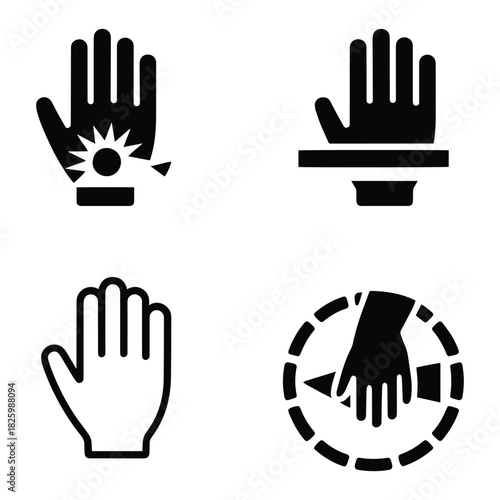 Set of four black and white icons representing hand safety and protection in different scenarios hand, safety, icon, protection, warning, danger, risk, hazard, injury, prevention, caution