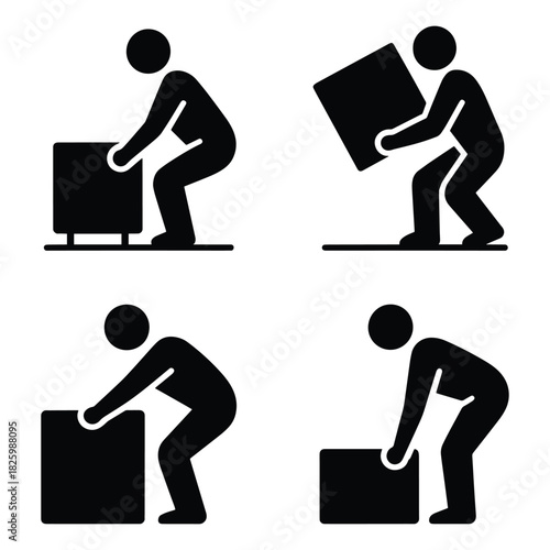 Four pictograms illustrating proper and improper techniques for lifting heavy objects safely lifting, heavy, object, safe, technique, proper, improper, ergonomics, workplace, safety, guidelines