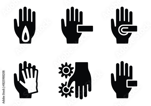 Set of six black and white icons representing hand safety and protection in various scenarios hand, safety, icon, protection, warning, danger, risk, hazard, injury, prevention, care, health