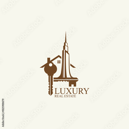 Luxury real estate logo with house key, modern skyscraper, and elegant residential icons