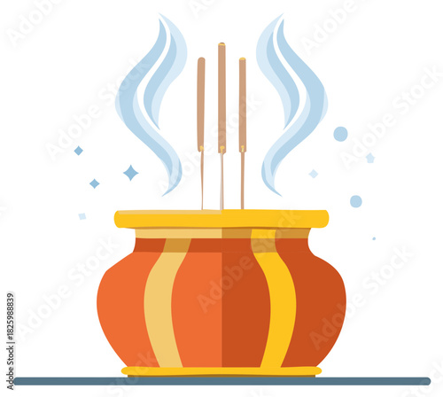 Aromatic incense sticks burning in a ceramic censer with wisps of smoke for aromatherapy and spiritual rituals