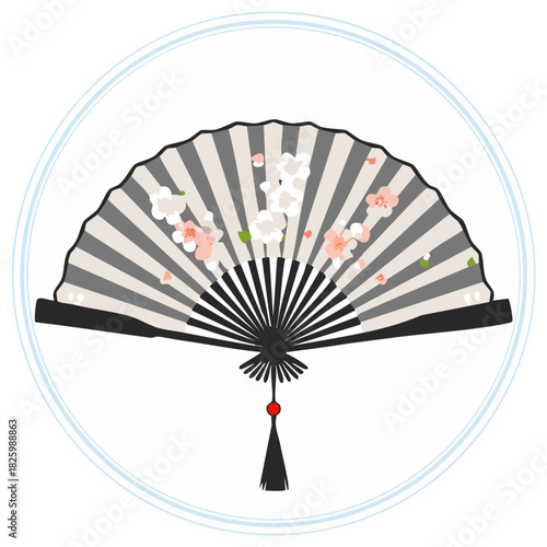 Illustration of a traditional folding fan with floral design inside blue circle