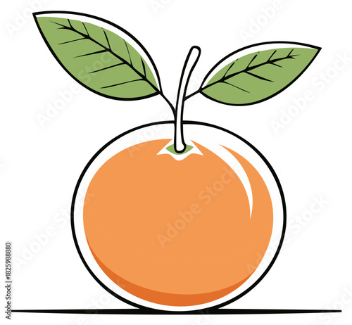 Stylized Orange with Leaves and Stem, Orange Citrus Fruit Icon, Simple and Clean Vector Illustration