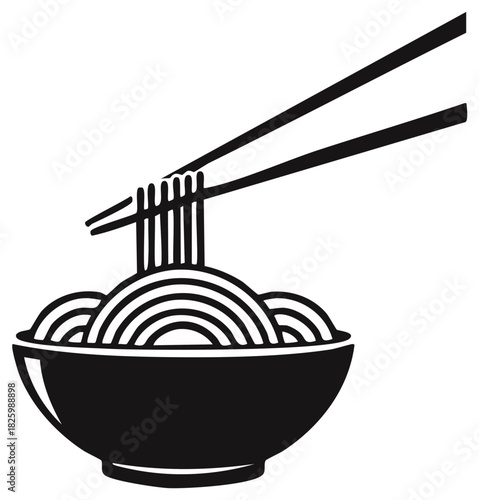 Chopsticks picking up delicious Asian noodles from a bowl simple graphic