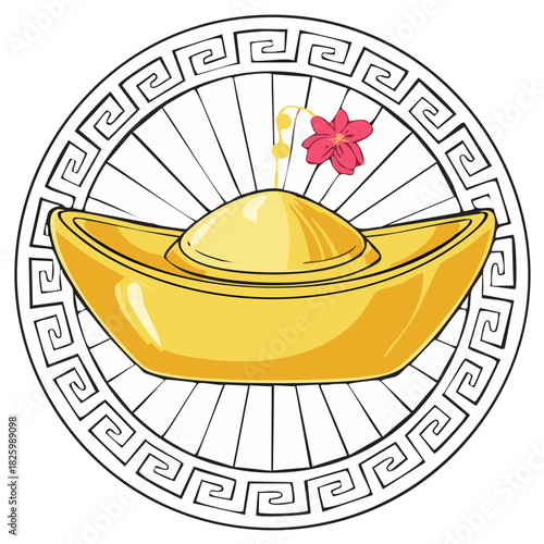 Golden ancient Chinese ingot with flower decoration inside a decorative circle