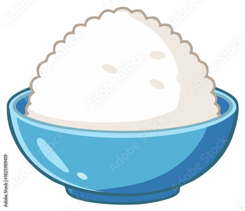 Vector illustration of a light blue bowl brimming with freshly cooked fluffy white rice, staple food