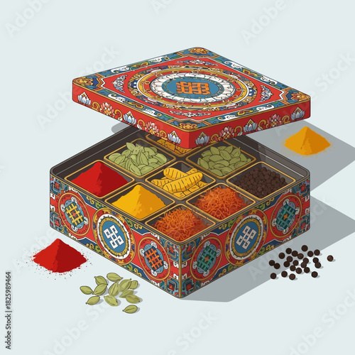 Exotic spice collection presented in a beautifully adorned artisanal box
