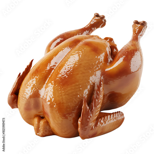 Deliciously roasted whole chicken with golden brown crispy skin isolated on transparent background