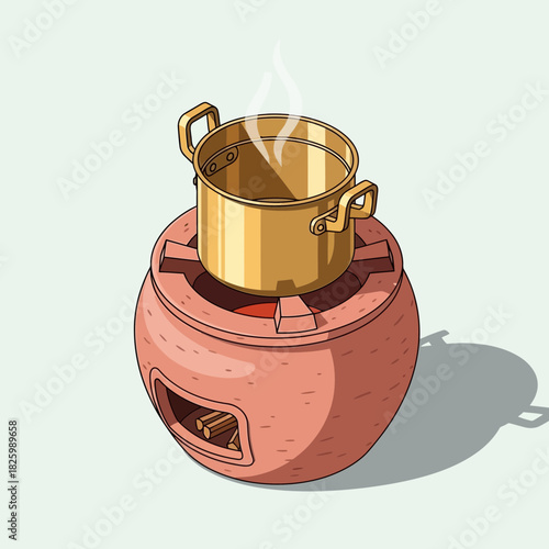 Isometric illustration of a pot on a traditional stove with smoke rising