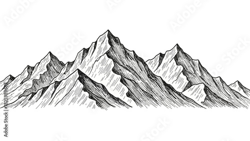 Hand-Drawn Sketch Mountain Range Illustration - Majestic Peaks Wilderness Landscape Graphic