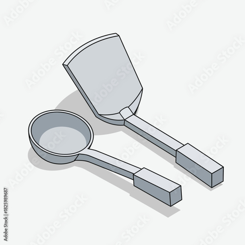 Isometric kitchen utensils illustration, ladle and spatula in simple style