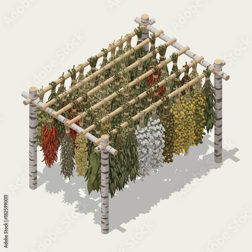 Rustic Herbal Drying Rack Displaying Assorted Dried Herbs and Botanical