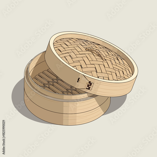 Traditional Bamboo Steamer Illustration for Dim Sum Cuisine Presentation