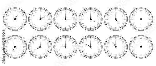 clock with numbers and time of hours from 1pm/am to 12pm/am, vector illustration of wall clock in black color on white background for graphics, alarm, minutes, vintage