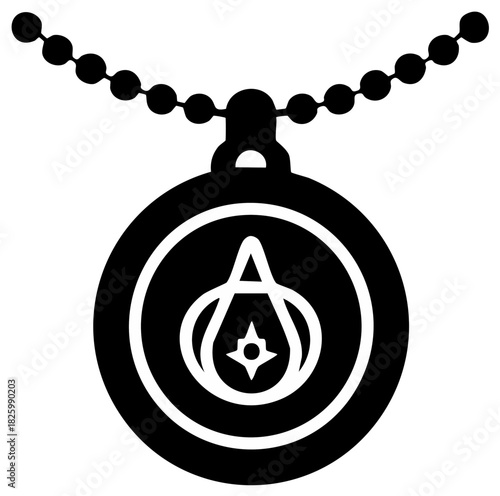 Amulet Pendant on Beaded Chain with Compass Rose Symbol in Round Frame Black Silhouette