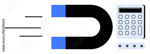 Magnet pulling a calculator with password access represents data gathering, cybersecurity, digital finance, business strategy, analytics, education, technological innovation. Simple flat metaphor