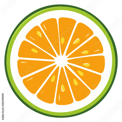 Vibrant refreshing citrus fruit slice illustration with juicy orange pulp and prominent green rind, flat design style.