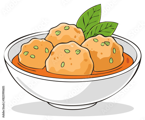 Cartoon style meatball dish in bowl topped with green herb garnish