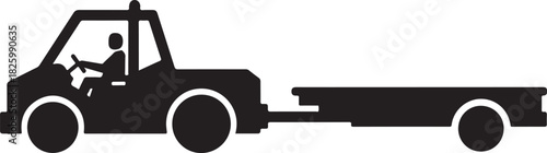 Truck towing a flatbed trailer with driver icon silhouette