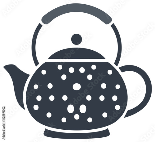 A dark blue kettle with a playful polka dot pattern and a curved handle