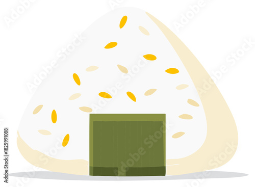 Stylized Rice Ball Illustration with Seaweed Wrapper and Grain Sprinkles, Japanese Cuisine