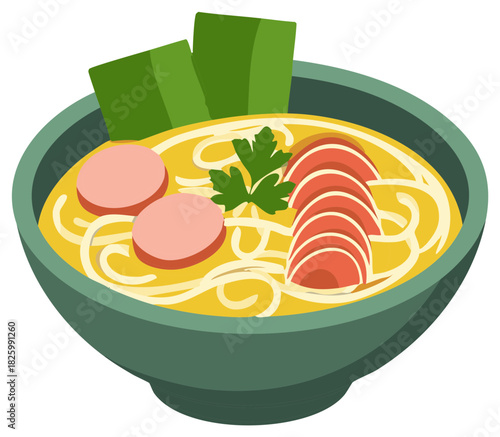 Illustration of savory asian noodle soup in bowl with sausages, seaweed and parsley