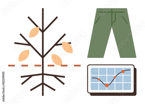 Pruned tree symbolizing resource management, eco-conscious pants, and growth chart for progress. Ideal for sustainability, environment, fashion, ecology, growth minimalism and innovation. Simple