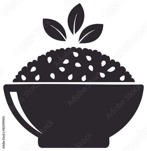 Simple black silhouette icon of a healthy grain bowl with fresh leaf garnish
