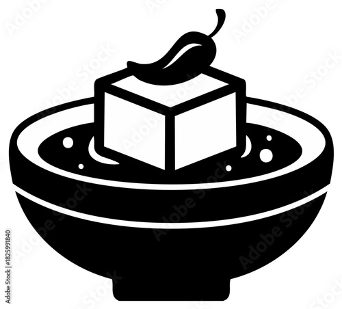 Delicious spicy soup bowl icon with floating tofu and hot chili pepper for menu design