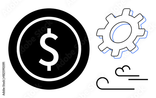 Dollar coin, mechanical gear, and wind lines represent financial success, innovation, efficiency, and sustainability. Ideal for business, finance, engineering economy energy technology