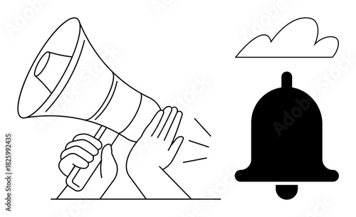 Hands holding a megaphone emitting sound waves, a notification bell, and a cloud. Ideal for communication, alert, news, teamwork, reminders, updates advertising simple flat metaphor